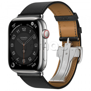 Купить Apple Watch Series 8 Hermès // 45мм GPS + Cellular // Корпус из нержавеющей стали серебристого цвета, ремешок Single Tour цвета Noir с раскладывающейся застёжкой (Deployment Buckle)