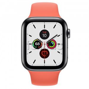 Apple Watch Series 5 // 44мм GPS + Cellular // Корпус из нержавеющей стали цвета «серый космос», спортивный ремешок цвета «спелый клементин»