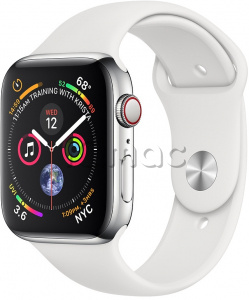 Купить Apple Watch Series 4 // 44мм GPS + Cellular // Корпус из нержавеющей стали, спортивный ремешок белого цвета (MTV22)