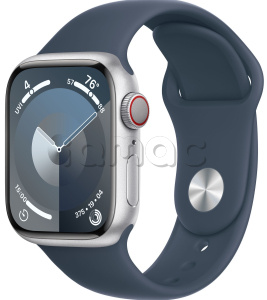Купить Apple Watch Series 9 // 45мм GPS+Cellular // Корпус из алюминия серебристого цвета, спортивный ремешок цвета "штормовой синий"