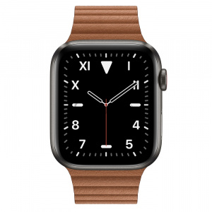 Купить Apple Watch Series 5 // 44мм GPS + Cellular // Корпус из титана цвета «серый космос», кожаный ремешок золотисто-коричневого цвета, размер ремешка L