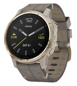 Купить Мультиспортивные часы Garmin Fenix 6S (42mm) Sapphire, стальной золотистый корпус, серый кожаный ремешок