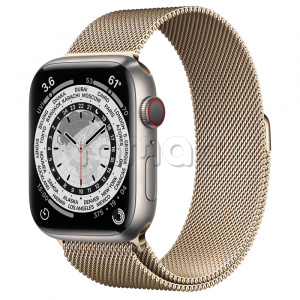 Купить Apple Watch Series 7 // 45мм GPS + Cellular // Корпус из титана, миланский сетчатый браслет золотого цвета