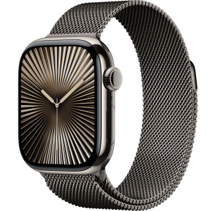 Apple Watch Series 10 // 42мм GPS+Cellular // Корпус из титана натурального цвета, миланский сетчатый браслет сланцевого цвета