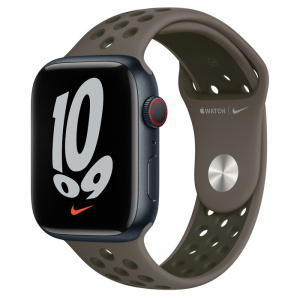 Apple Watch Series 7 // 45мм GPS + Cellular // Корпус из алюминия цвета «тёмная ночь», спортивный ремешок Nike цвета «cерая олива/рабочий хаки»