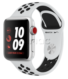Купить Apple Watch Series 3 Nike+ // 38мм GPS + Cellular // Корпус из серебристого алюминия, спортивный ремешок Nike цвета «чистая платина/чёрный» (MQL52)