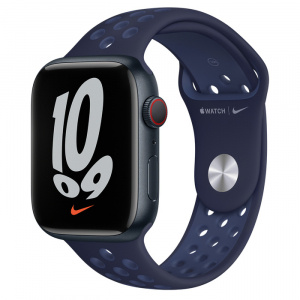 Apple Watch Series 7 // 45мм GPS + Cellular // Корпус из алюминия цвета «тёмная ночь», спортивный ремешок Nike цвета «ночной ультрамарин/мистический ультрамарин»