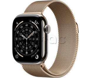 Купить Apple Watch Series 11 // 42мм GPS+Cellular // Корпус из титана натурального цвета, миланский сетчатый браслет золотого цвета