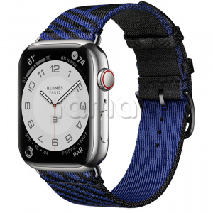 Купить Apple Watch Series 7 Hermès // 45мм GPS + Cellular // Корпус из нержавеющей стали серебристого цвета, ремешок Hermès Simple Tour Jumping цвета Noir/Bleu Saphir
