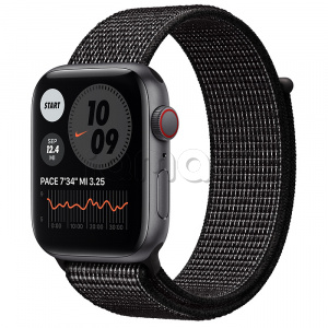 Купить Apple Watch SE // 44мм GPS + Cellular // Корпус из алюминия цвета «серый космос», спортивный браслет Nike чёрного цвета (2020)