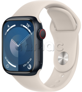 Купить Apple Watch Series 9 // 45мм GPS+Cellular // Корпус из алюминия цвета "темная ночь", спортивный ремешок цвета "сияющая звезда"