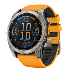 Купить Мультиспортивные часы Garmin Fenix 8 (47mm), Sapphire, титановый светло-серый корпус, оранжевый силиконовый ремешок