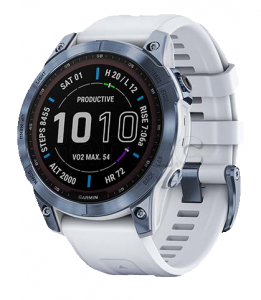 Купить Мультиспортивные часы Garmin Fenix 7 (47mm) Sapphire Solar, титановый DLC корпус цвета "синий минерал", белый силиконовый ремешок