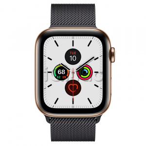 Apple Watch Series 5 // 44мм GPS + Cellular // Корпус из нержавеющей стали золотого цвета, миланский сетчатый браслет цвета «чёрный космос»