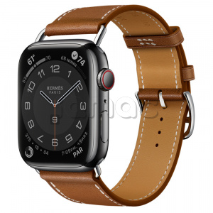 Купить Apple Watch Series 7 Hermès // 45мм GPS + Cellular // Корпус из нержавеющей стали цвета «черный космос», ремешок Single Tour Attelage из кожи Barénia цвета Fauve