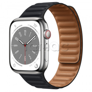 Купить Apple Watch Series 8 // 45мм GPS + Cellular // Корпус из нержавеющей стали серебристого цвета, кожаный браслет цвета "темная ночь", размер ремешка S/M