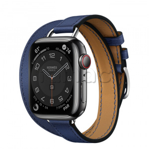 Купить Apple Watch Series 7 Hermès // 41мм GPS + Cellular // Корпус из нержавеющей стали цвета «черный космос», ремешок Double Tour Attelage цвета Bleu Saphir