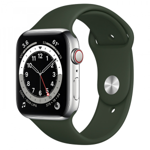 Apple Watch Series 6 // 44мм GPS + Cellular // Корпус из нержавеющей стали серебристого цвета, спортивный ремешок цвета «Кипрский зелёный»