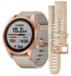 Купить Мультиспортивные часы Garmin Fenix 7S (42mm) Sapphire Solar, титановый корпус цвета "розовое золото", песчаный кожаный ремешок