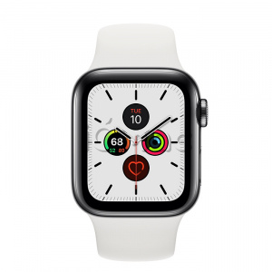 Купить Apple Watch Series 5 // 40мм GPS + Cellular // Корпус из нержавеющей стали цвета «серый космос», спортивный ремешок белого цвета