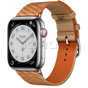 Купить Apple Watch Series 7 Hermès // 45мм GPS + Cellular // Корпус из нержавеющей стали серебристого цвета, ремешок Hermès Simple Tour Jumping цвета Kraft/Orange