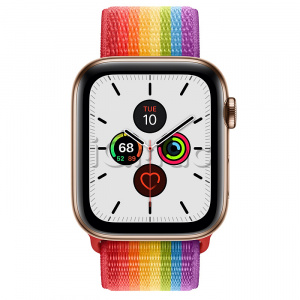 Купить Apple Watch Series 5 // 44мм GPS + Cellular // Корпус из нержавеющей стали золотого цвета, спортивный браслет радужного цвета