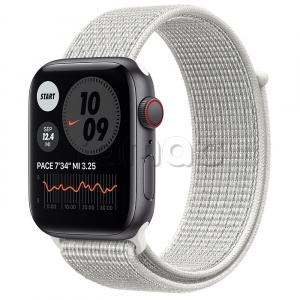 Купить Apple Watch SE // 44мм GPS + Cellular // Корпус из алюминия цвета «серый космос», спортивный браслет Nike цвета «Снежная вершина» (2020)