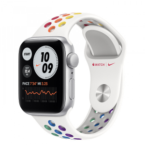 Apple Watch SE // 40мм GPS // Корпус из алюминия серебристого цвета, спортивный ремешок Nike радужного цвета (2020)