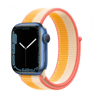 Apple Watch Series 7 // 41мм GPS // Корпус из алюминия синего цвета, спортивный браслет цвета «спелый маис/белый»