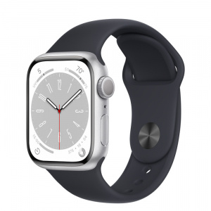 Apple Watch Series 8 // 41мм GPS // Корпус из алюминия серебристого цвета, спортивный ремешок цвета "темная ночь"
