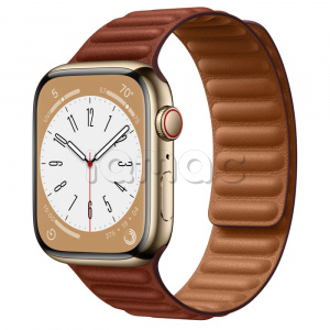 Купить Apple Watch Series 8 // 45мм GPS + Cellular // Корпус из нержавеющей стали золотого цвета, кожаный браслет темно-коричневого цвета, размер ремешка S/M