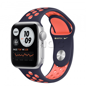 Купить Apple Watch SE // 40мм GPS // Корпус из алюминия серебристого цвета, спортивный ремешок Nike цвета «Полночный синий/манго»