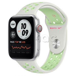 Купить Apple Watch Series 6 // 44мм GPS + Cellular // Корпус из алюминия серебристого цвета, спортивный ремешок Nike цвета «Еловая дымка/пастельный зелёный»