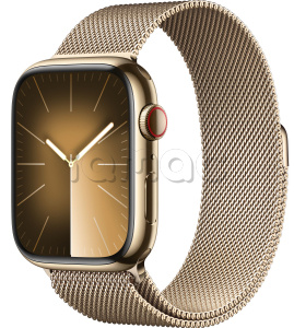 Купить Apple Watch Series 9 // 45мм GPS+Cellular // Корпус из нержавеющей стали золотого цвета, миланский сетчатый браслет золотого цвета