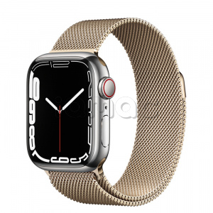 Купить Apple Watch Series 7 // 41мм GPS + Cellular // Корпус из нержавеющей стали серебристого цвета, миланский сетчатый браслет золотого цвета