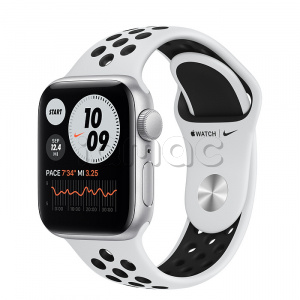 Купить Apple Watch SE // 40мм GPS // Корпус из алюминия серебристого цвета, спортивный ремешок Nike цвета «Чистая платина/чёрный»