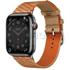 Купить Apple Watch Series 7 Hermès // 45мм GPS + Cellular // Корпус из нержавеющей стали цвета «черный космос», ремешок Hermès Simple Tour Jumping цвета Kraft/Orange