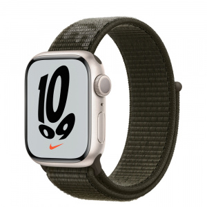 Apple Watch Series 7 // 41мм GPS // Корпус из алюминия цвета «сияющая звезда», спортивный браслет Nike цвета «рабочий хаки»