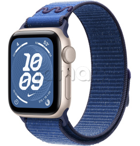 Купить Apple Watch SE 3 // 44мм GPS // Корпус из алюминия цвета "сияющая звезда", спортивный браслет Nike цвета "синяя лента" (2025)