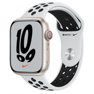 Apple Watch Series 7 // 45мм GPS + Cellular // Корпус из алюминия цвета «сияющая звезда», спортивный ремешок Nike цвета «чистая платина/чёрный»