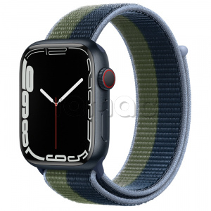 Купить Apple Watch Series 7 // 45мм GPS + Cellular // Корпус из алюминия цвета «тёмная ночь», спортивный браслет цвета «синий омут/зелёный мох»