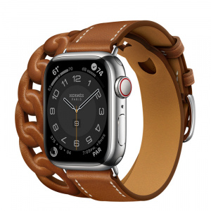 Apple Watch Series 7 Hermès // 41мм GPS + Cellular // Корпус из нержавеющей стали серебристого цвета, ремешок Double Tour Gourmette из кожи Barénia цвета Fauve