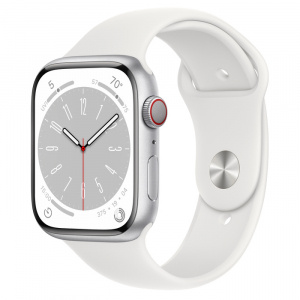 Apple Watch Series 8 // 45мм GPS + Cellular // Корпус из алюминия серебристого цвета, спортивный ремешок белого цвета