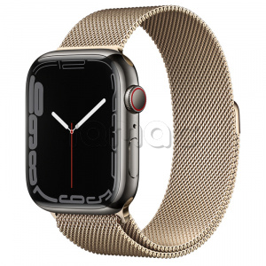 Купить Apple Watch Series 7 // 45мм GPS + Cellular // Корпус из нержавеющей стали графитового цвета, миланский сетчатый браслет золотого цвета