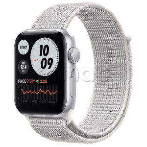 Купить Apple Watch SE // 44мм GPS // Корпус из алюминия серебристого цвета, спортивный браслет Nike цвета «Снежная вершина»