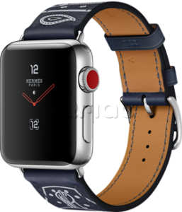 Купить Apple Watch Series 3 Hermès // 42мм GPS + Cellular // Корпус из нержавеющей стали, ремешок из кожи Single Tour Eperon d’Or с морской гала-картой (MQX62)