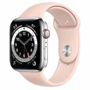 Apple Watch Series 6 // 44мм GPS + Cellular // Корпус из нержавеющей стали серебристого цвета, спортивный ремешок цвета «Розовый песок»