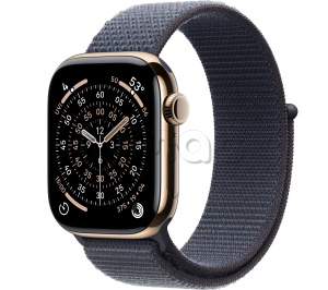 Купить Apple Watch Series 11 // 42мм GPS+Cellular // Корпус из титана золотого цвета, спортивный браслет цвета "якорный синий"