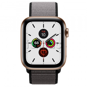Купить Apple Watch Series 5 // 44мм GPS + Cellular // Корпус из нержавеющей стали золотого цвета, спортивный браслет цвета «тёмный графит»