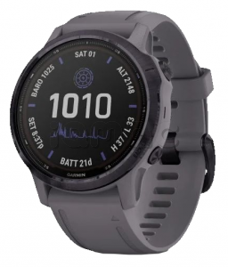 Купить Мультиспортивные часы Garmin Fenix 6S Pro (42mm) Solar, стальной аметистовый корпус, темно-серый силиконовый ремешок